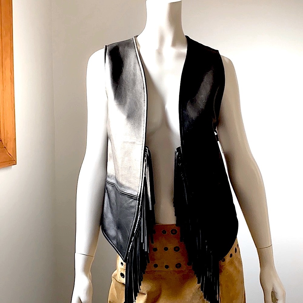 REBECCA MINKOFF Fringe Lambskin Leather Vest Black